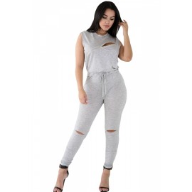 Womens Stylish Zip Line Front Cut Out Plain Jumpsuit Gray