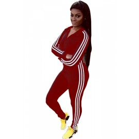 Sports Style Long Sleeve Zipper Striped Side Bodycon Jumpsuit Ruby
