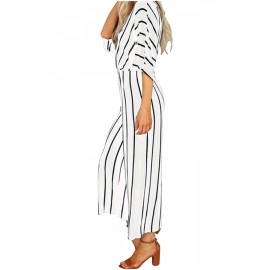 Fashion V Neck Half Sleeve Loose Striped Wide Leg Jumpsuit White