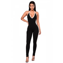 Halter Backless Color Block Sports Style Bodycon Jumpsuit Black