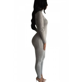 Womens Long Sleeve High Neck Zipper Back Elastic Jumpsuit Light Gray