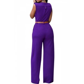 Deep V Neck Sleeveless High Waist Wide Leg Purple Jumpsuits For Women