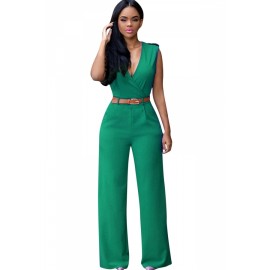 Green Wrap V Neck Sleeveless High Waist Wide Leg Jumpsuits For Women