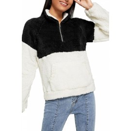 Faux Fur Sweatshirt Zip Front Black