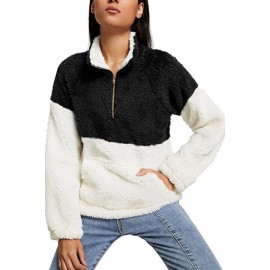 Faux Fur Sweatshirt Zip Front Black