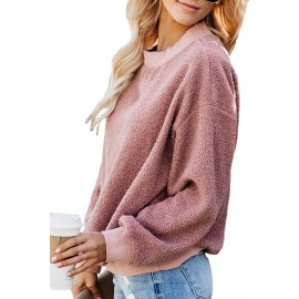 Plain Fuzzy Sweatshirt Drop Shoulder Pink