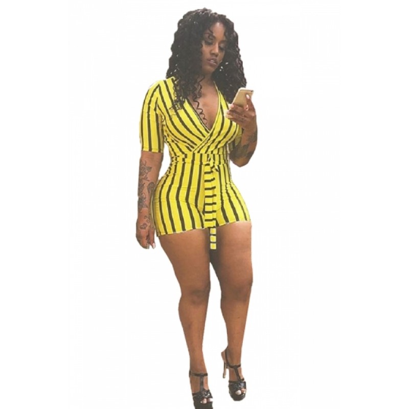 Wrap Belted Striped V Neck Romper Yellow