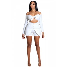 Apparel Off Shoulder Long Sleeve Tie Cut Out Button Bodycon Romper White