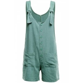 Loose Knot Striped Button Front Pocket Plain Overall Romper Green