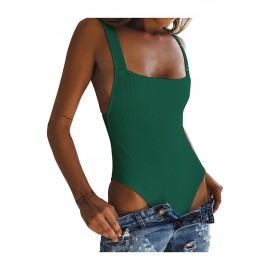 Square Neck Sleeveless Backless Plain Bodysuit Green