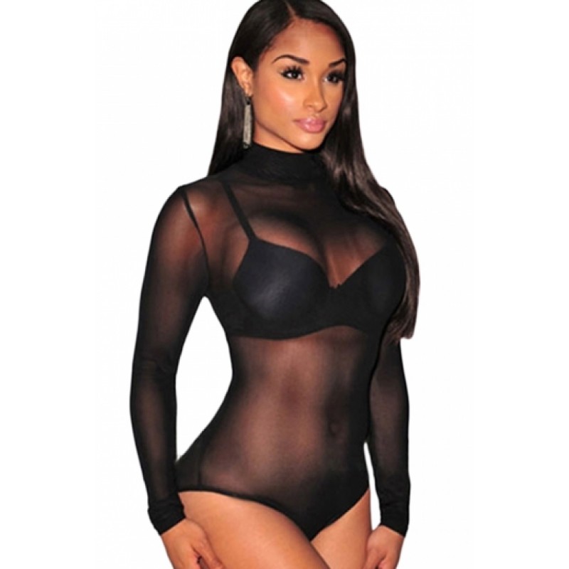 Black Long Sleeve Turtleneck Sheer Mesh Bodysuit Women