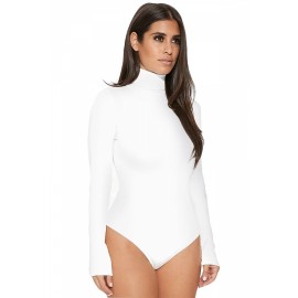 Womens Mock Neck Plain Long Sleeve Slimming Bodysuit White