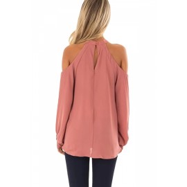 Cut Out Halter Cold Shoulder Long Sleeve Wrap Plain T-Shirt Pink
