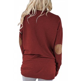 Crew Neck Long Sleeve Kangaroo Pocket Loose Print Sweatshirt Ruby