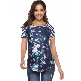 Crew Neck Short Sleeve Striped Floral Print T-Shirt Navy Blue
