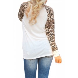 Women's Crew Neck Leopard Print Long Sleeve T Shirt White