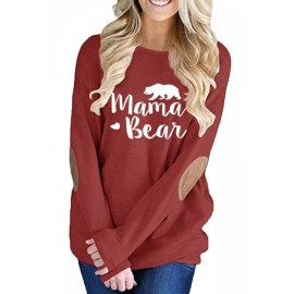Womens Casual Crew Neck Long Sleeve Words Printed T-Shirt Ruby