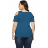 Plus Size Scoop Neck Cold Shoulder Plain T-Shirt Turquoise