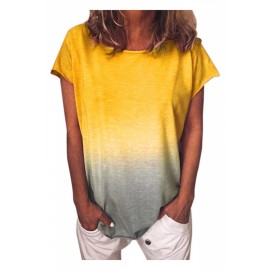 Plus Size Short Sleeve Ombre Loose Crew Neck T-Shirt Yellow