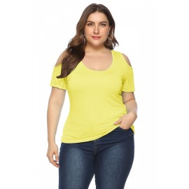 Plus Size Scoop Neck Cold Shoulder Plain T-Shirt Yellow