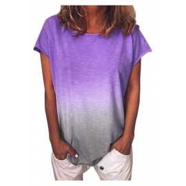 Plus Size Crew Neck Ombre Loose Short Sleeve T-Shirt Purple
