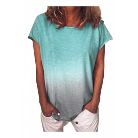 Plus Size Crew Neck Short Sleeve Ombre Loose T-Shirt Turquoise