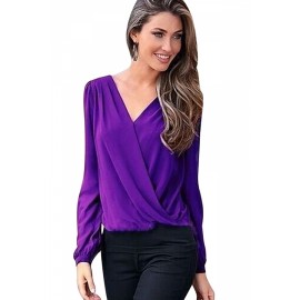 Womens Chic Plain V Neck Long Sleeve Chiffon Blouse Purple