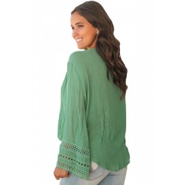 Apparel Bell Sleeve V Neck Cut Out Wrap Sheer Loose Plain Blouse Green
