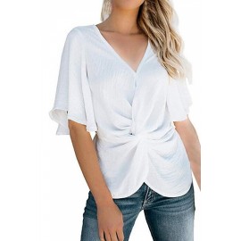 V Neck Bell Sleeve Twist Pleated Blouse White