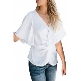 V Neck Bell Sleeve Twist Pleated Blouse White