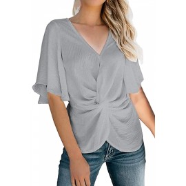 V Neck Bell Sleeve Pleated Twist Blouse Gray