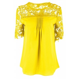 Womens Apparel Plain Lace Splicing Short Sleeve Blouse Yellow