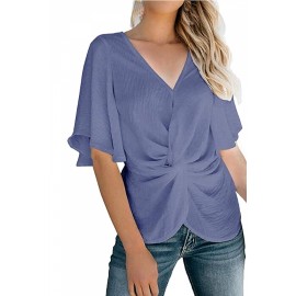 V Neck Twist Pleated Bell Sleeve Blouse Blue