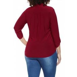 Plus Size 3/4 Sleeve Zip Up Pleated Loose Plain Blouse Ruby
