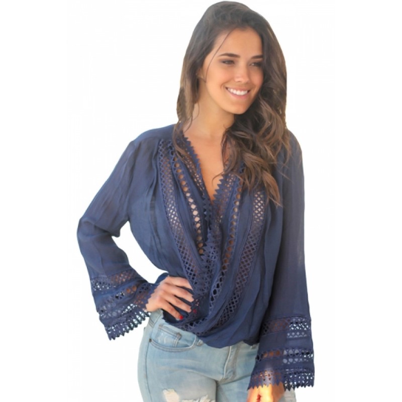 Apparel Bell Sleeve V Neck Cut Out Wrap Sheer Loose Plain Blouse Blue