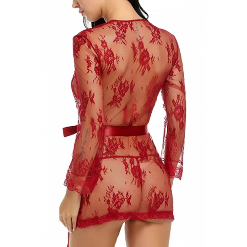 Apparel Long Sleeve Waist Tie Lace Sheer Babydoll With Thong Red