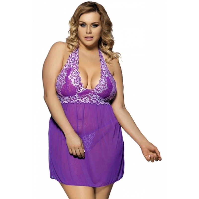 Plus Size Halter V Neck Backless Sheer Lace Babydoll With Thong Purple