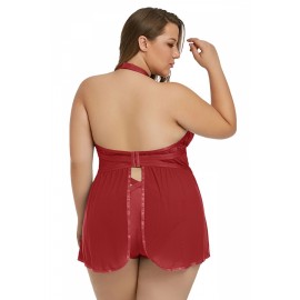 Plus Size Halter Cut Out Sheer Mesh Babydoll Red