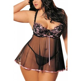 Pink Plus Size Bow Ruffle Sheer Apparel Chic Ladies Babydoll