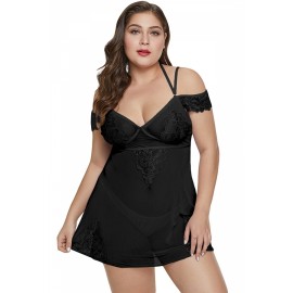 Plus Size Floral Lace Mesh Sheer Babydoll With Thong Black