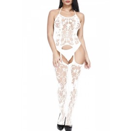 Apparel Halter Bodystocking Lace Sheer White