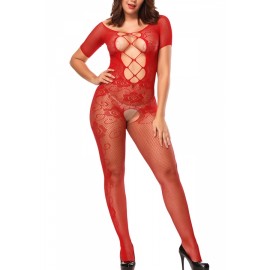 Floral Lace Fishnet Bodystocking Short Sleeve Red