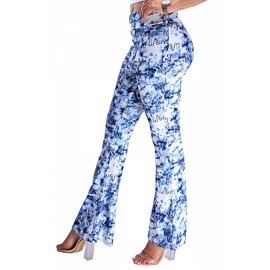 Womens Digital Printed High Waist Flare Bottom Pants Blue