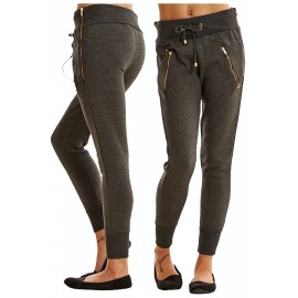 Womens Zipper Tight Drawstring Sports Wear Pants Dark Gray