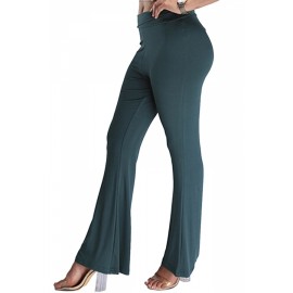 Womens Digital Printed High Waist Flare Bottom Pants Dark Green