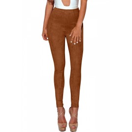 Faux Suede High Waisted Skinny Plain Pants Brown
