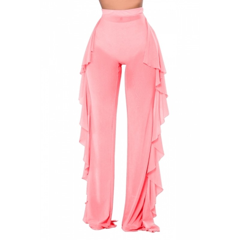 Plus Size Ruffle See Through Mesh High Waisted Pants Pink