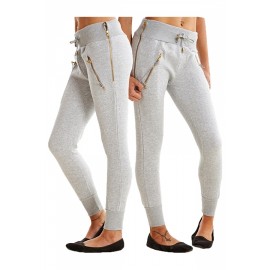 Womens Zipper Tight Drawstring Sports Wear Pants Light Gray