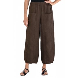 Plus Size Plain Linen Casual Pants With Pocket Brown