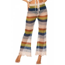 Color Striped Crochet Bootcut Pants Navy Blue